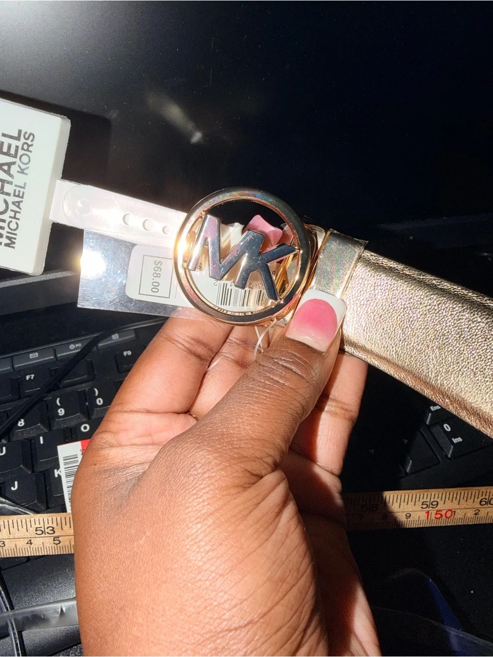 Michael Kors gold  Leather Belt with Gold and silver MK Round Buckle